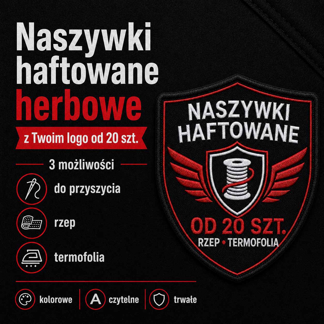 Naszywka haftowana w kształcie herbu z logo firmy lub OSP